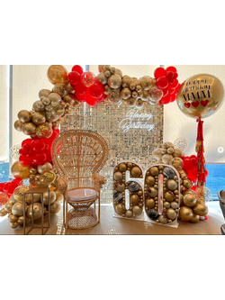 เซทลูกโป่งแบลคดรอปฉากวิ้งวันเกิด โทนสีทอง แดง + ลูกโป่งขนาด36นิ้ว 1ใบ + ลูกโป่งบล็อคตัวเลขขนาด3ฟุต 2ตัว