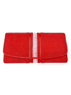 กระเป๋าสตางค์หนังปลากระเบนแท้ 3พับยาว ปลากระเบนหนาม สีแดง