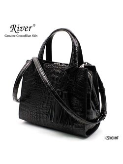 กระเป๋าถือหนังจระเข้แท้ ส่วนโหนก สีดำ ใบใหญ่
