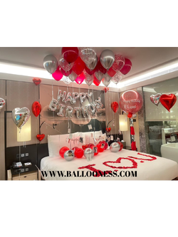 เซทลูกโป่งโรงแรม จัดวันเกิด ลูกโป่งใหญ่ ขนาด 36นิ้ว พร้อมติดข้อความ 1ลูก + ลูกโป่งปล่อยลอย ขนาด 12นิ้ว 30ใบ ติดรูป + ลูกโป่งฟอยล์หัวใจ ขนาด 18นิ้ว อย่างล่ะตุ้ม 6ใบ + ลูกโป่งวางพื้น 10ใบ + กระดาษโปรยเตียงนอน