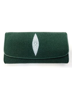 กระเป๋าสตางค์หนังปลากระเบนแท้1ตา 3พับยาว สีเขียว