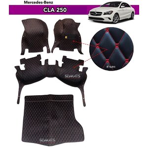 พรมปูพื้นรถยนต์6D BENZ CLA W117 พรม6D QJ VIP หนาพิเศษ สีดำด้ายแดง รวมแผ่นปูท้าย เต็มคัน 4ชิ้น