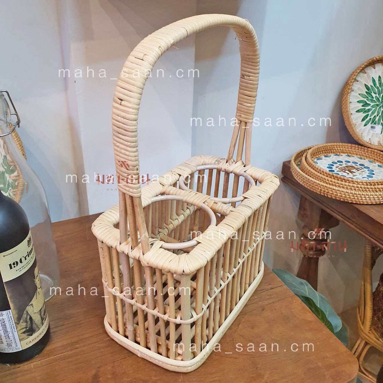 ตะกร้าหวายใส่ขวดน้ำ ขวดไวน์ แก้วน้ำ ทรงเหลี่ยม 2 ช่อง Bottle basket🍾