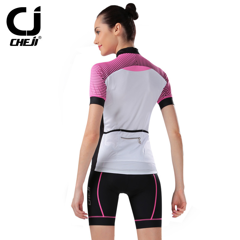 ชุดจักรยานผู้หญิงแขนสั้นขาสั้น CheJi 16 (09) สีขาวชมพูดำ