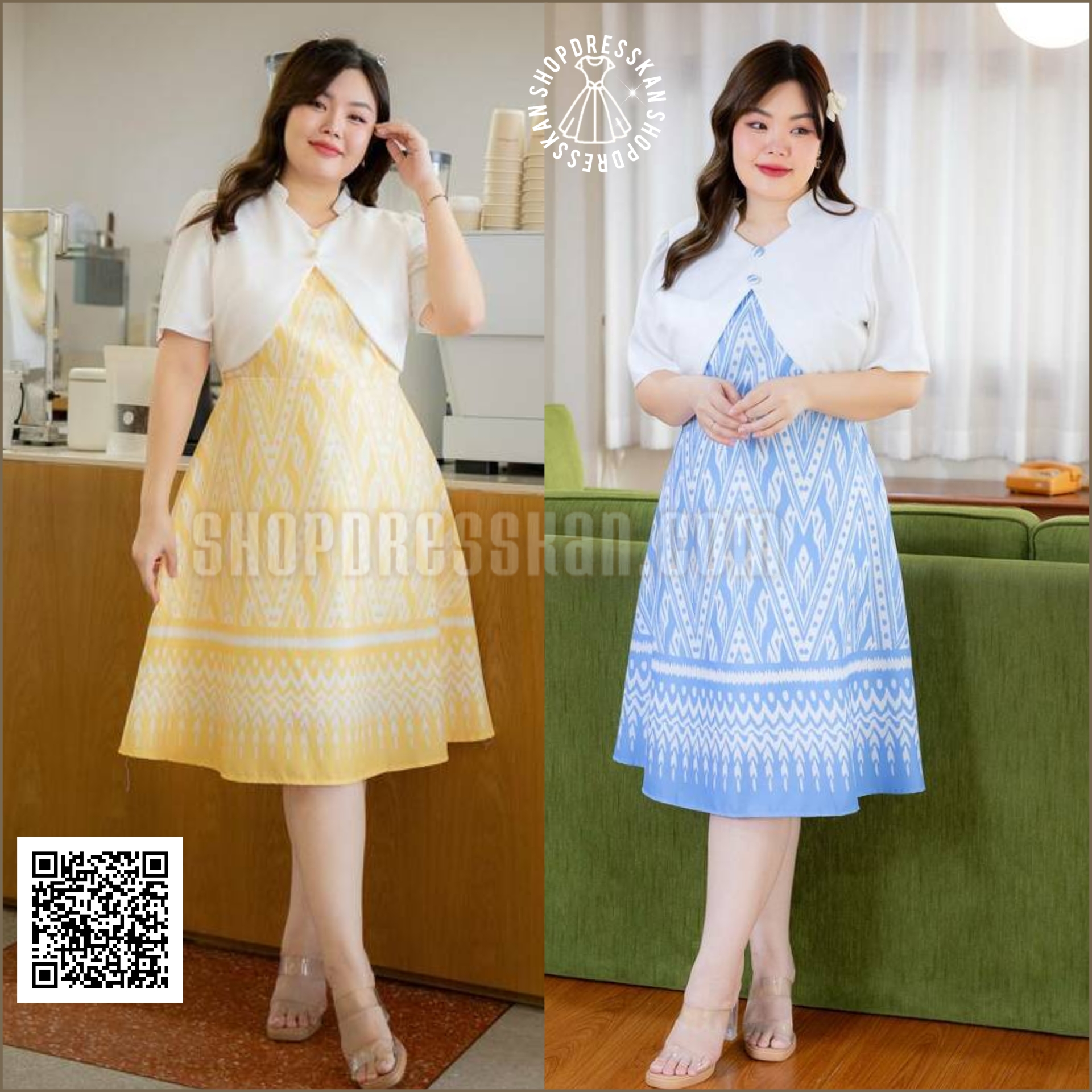 ❌หมดทุกสีทุกไซส์ค่ะ❌: ชุดเดรสผ้าไทยบิ๊กไซส์ราคาถูก มี : [อก42"-อก50"] :: ชุดเดรสผ้าพิมพ์ลายไทย ตัดแต่งผ้าสีพื้นสไตล์กั๊ก กระโปรงทรงบานสวย ซิปซ่อนหลัง บุซับใน ผ้าเนื้อดีสวมใส่สบาย ใส่่ทำงาน ใส่ออกงานสวยๆ