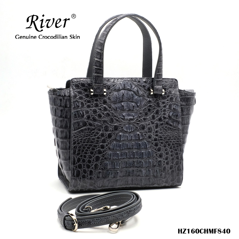 กระเป๋าถือหนังจระเข้แท้ ส่วนหลัง สีเทา ใบใหญ่