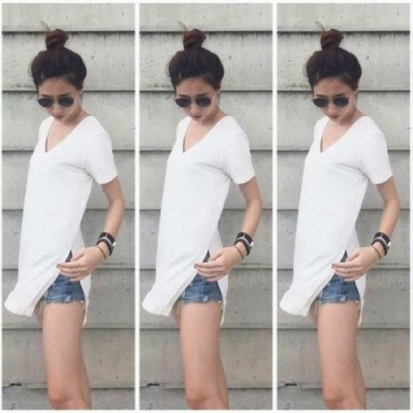 มินิเดรส/เสื้อตัวยาว สีขาว คอวีแขนสั้น ผ่าข้างสไตล์Topshop (รุ่น 2CI3EGe030)