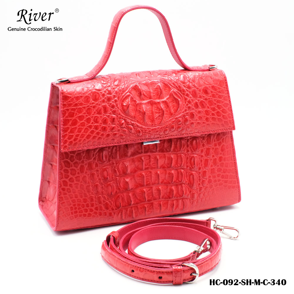 กระเป๋าถือหนังจระเข้แท้ ส่วนกระดูก สีแดง พร้อมสายสะพาย