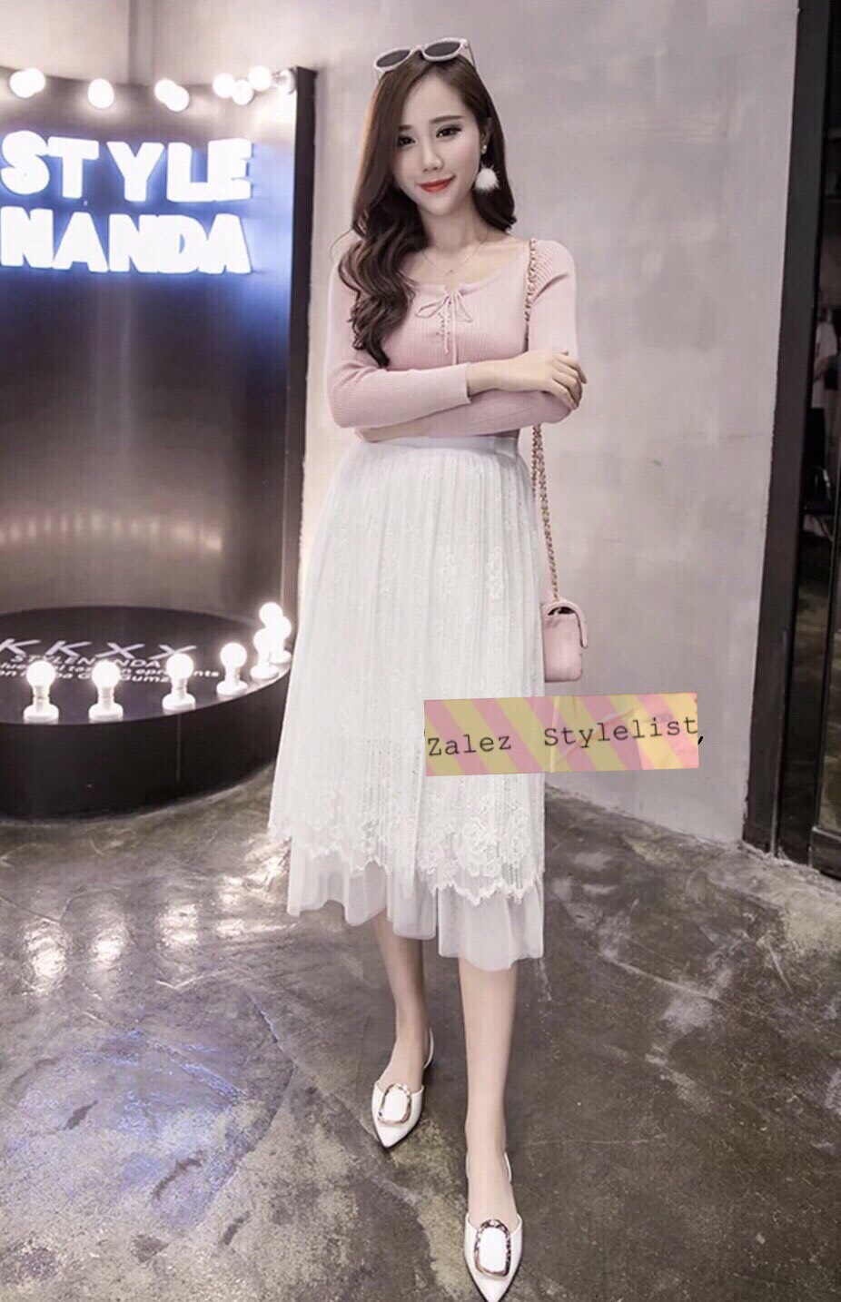 กระโปรงผ้าลูกไม้อัดพลีทืปลายมุ้ง เอวขอบสูง