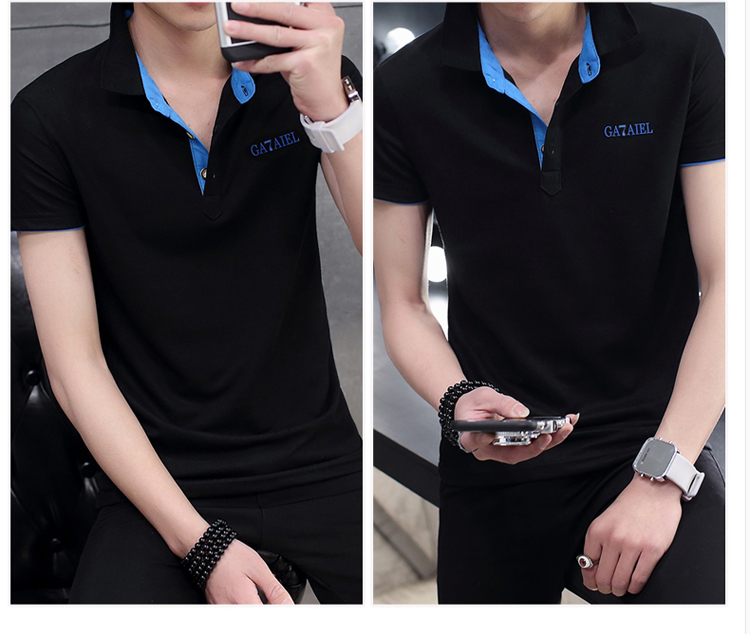 เสื้อโปโลชายเสื้อยืดสลิมหนุ่มปก (สีน้ำเงินเข้มสีส้มคอ)