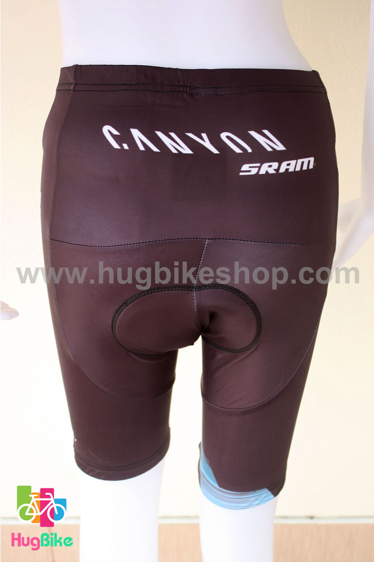 กางเกงจักรยานผู้หญิงขาสั้น Canyon 16 (01) สีดำลายน้ำเงินฟ้าบานเย็น