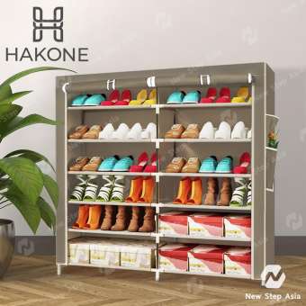 Hakone ชั้นวางรองเท้า ตู้เก็บรองเท้า 6 ชั้น จำนวน 42 คู่ ผ้าคลุม non woven กันน้ำ กันฝุ่น พร้อมช่องเก็บของด้านข้าง (สีน้ำตาล) ตู้ใส่รองเท้า ที่วางรองเท้า ตู้รองเท้า ตู้วางรองเท้า 6 layers shoe rack shoerack new step asia