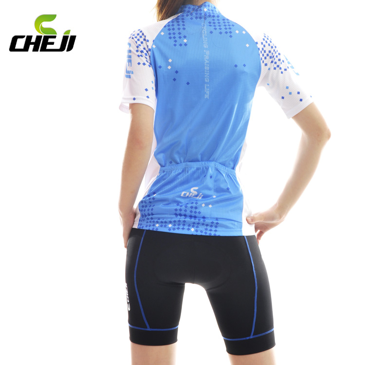 ชุดจักรยานผู้หญิงแขนสั้นขาสั้น CheJi 14 (01) สีฟ้าขาว