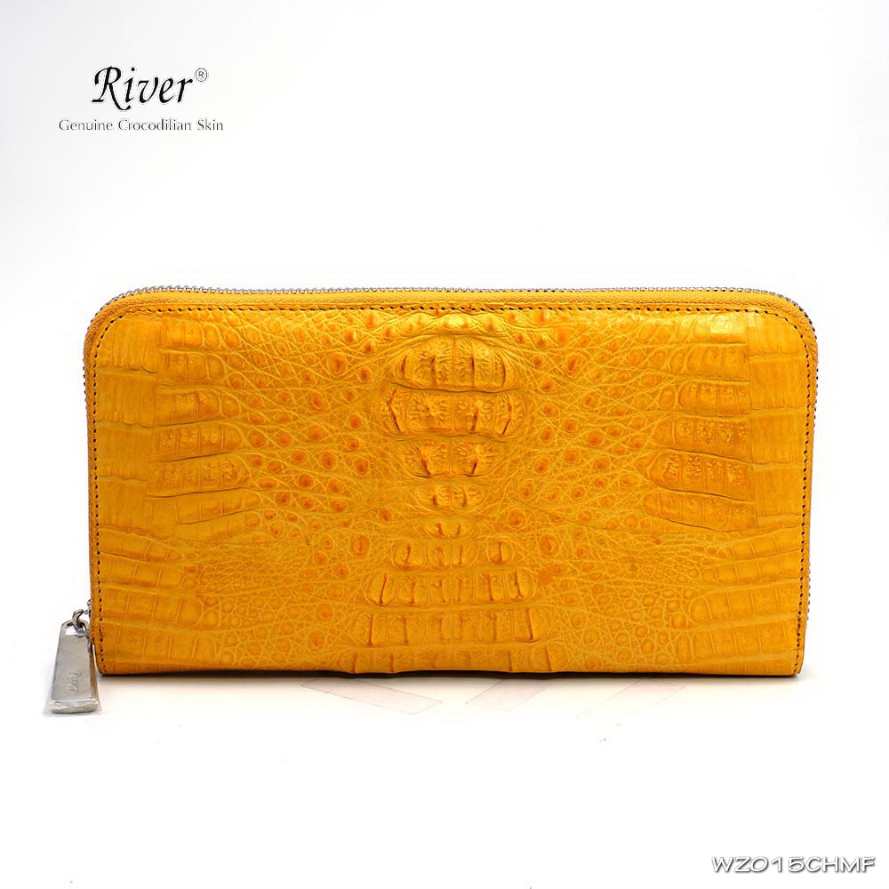 กระเป๋าสตางค์หนังจระเข้แท้ ส่วนโหนก สีเหลือง ซิปเดี่ยว