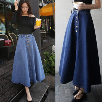 Zi yi กระโปรงยีนส์ยาวผู้หญิง เอวสูง กระดุมเรียง (สีน้ำเงินเข้ม) (สีน้ำเงินเข้ม)