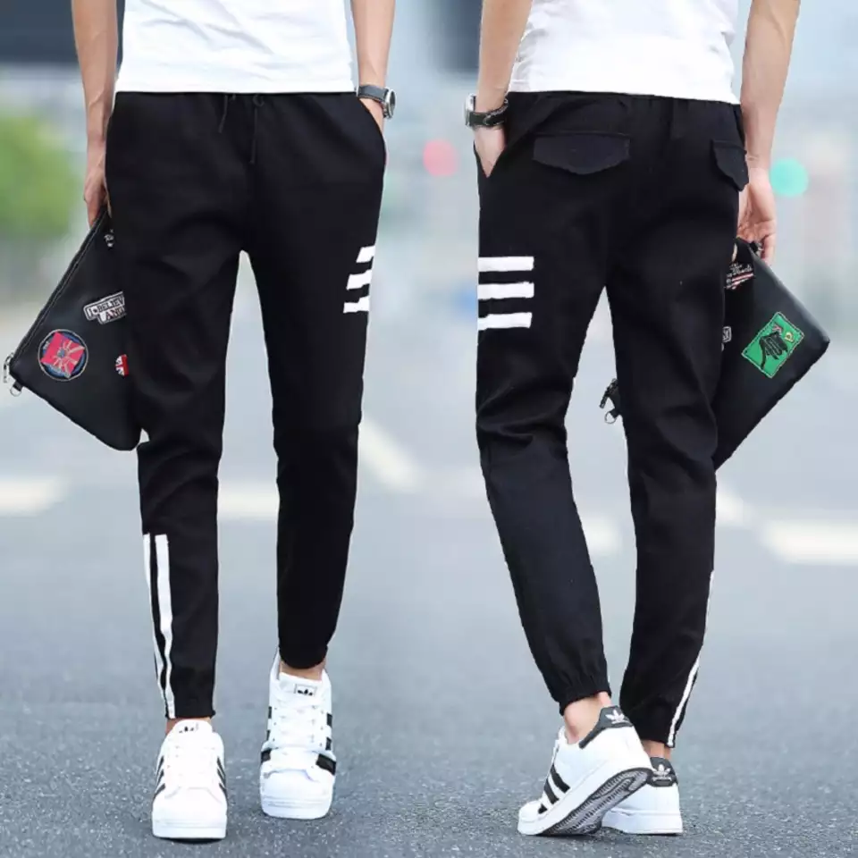 BB กางเกงเอวยางยืดเชือก มีกระเป๋า แต่งแถบข้าง (สีดำ) รุ่น208 ( รุ่น 2FJTo5I020 )