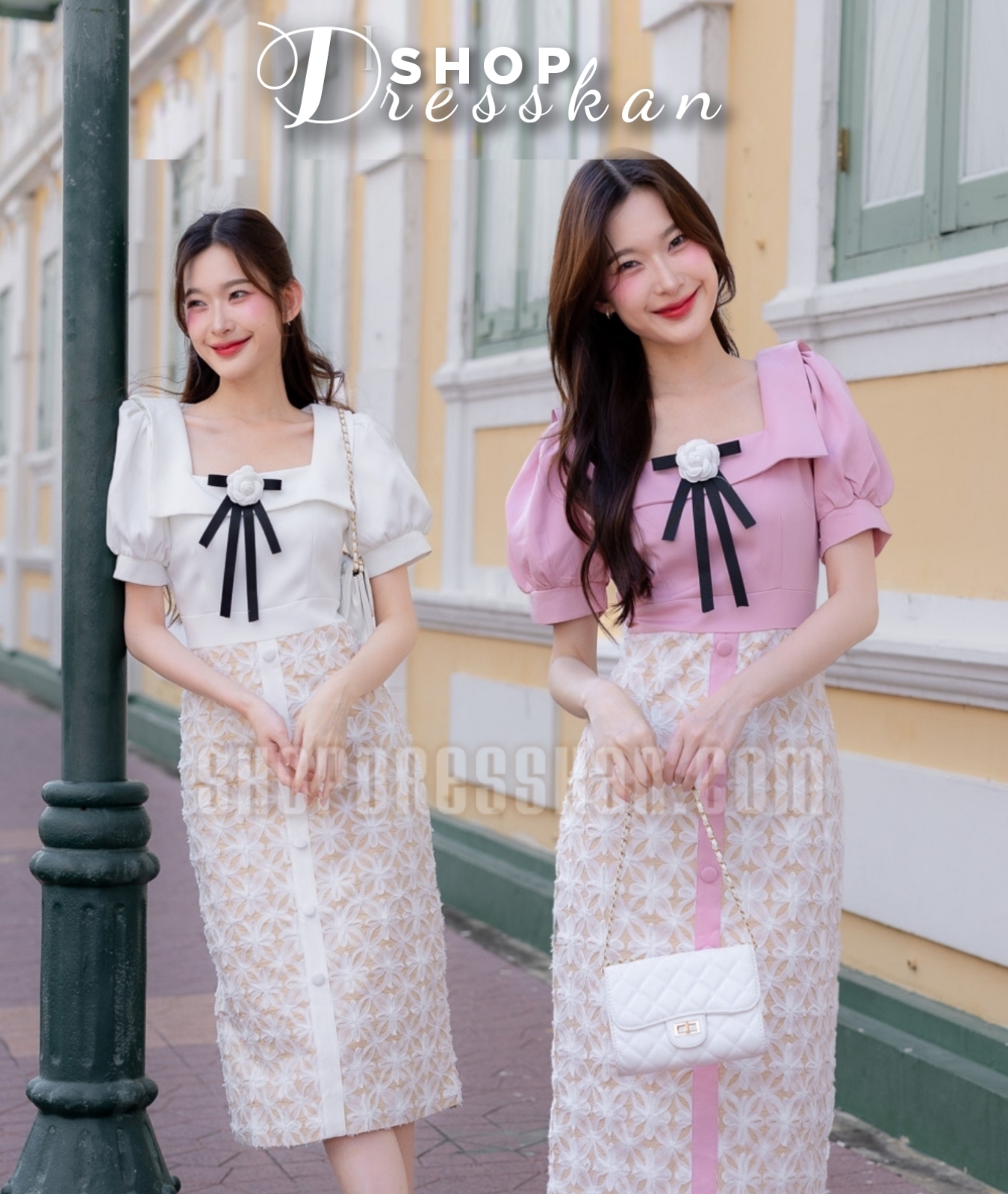 ❌หมดทุกสีทุกไซส์❌:: ชุดเดรสแฟชั่นยาวงานป้ายคุณภาพ⭐[ S-M-L-XL ] ::ชุดเดรสยาวตัวเสื้อสีพื้น แขนตุ๊กตาแต่งโบว์อก ตัดต่อกระโปรงผ้าลูกไม้เนื้อดี ทรงเข้ารูปสวย ซิปซ่อนหลัง บุซับในตัดกับสีลูกไม้สวยหรูลงตัว ใส่สวยได้หลายโอกาส