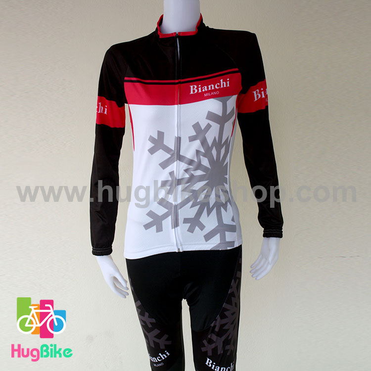 ชุดจักรยานแขนยาวขายาว Bianchi (02) สีขาวดำชมพู