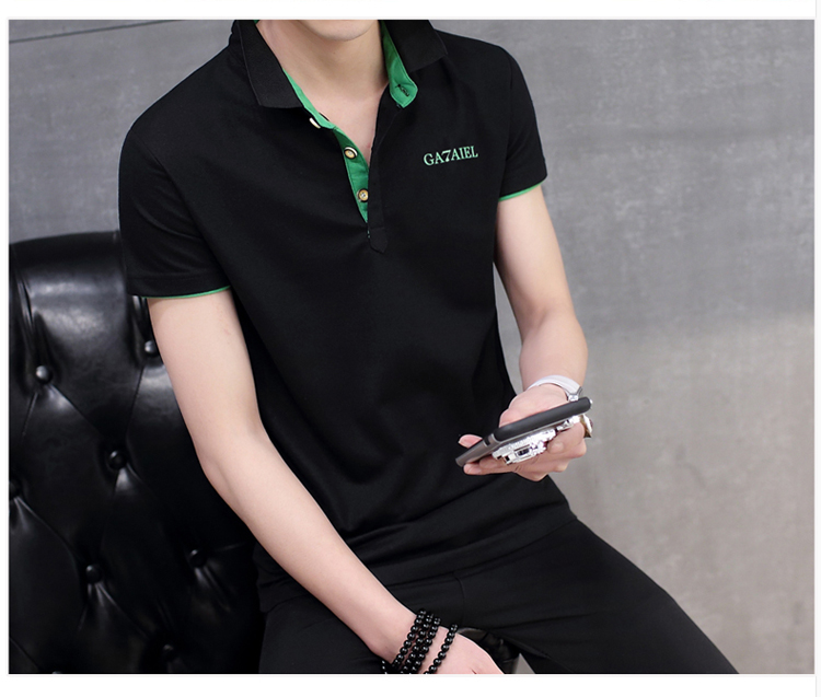เสื้อโปโลชายเสื้อยืดสลิมหนุ่มปก (สีน้ำเงินเข้มสีส้มคอ)
