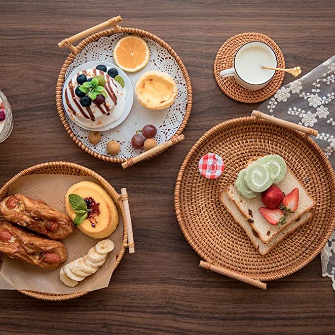 ถาดหวาย กระจาดสานหวาย ทรงกลม มีหูหิ้ว rattan tray🤎