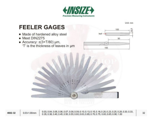 INSIZE Metric Feeler Gage Size 0.03-1.00 mm , 32 PCS