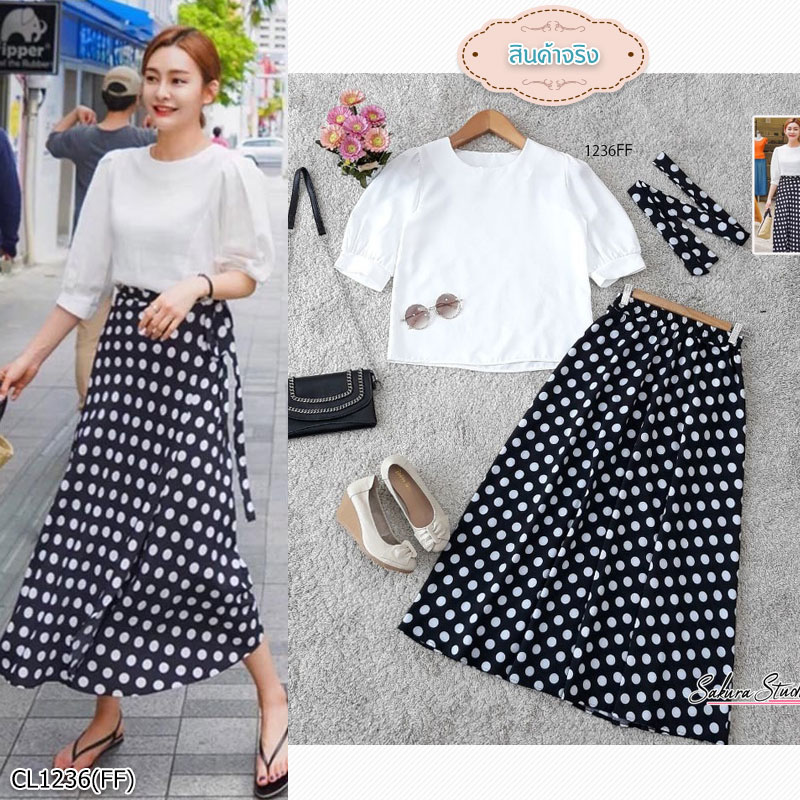 set 2 ชิ้น เสื้อแขนตุ๊กตากับกระโปรงลายจุด พร้อมเชือกผูกเอว