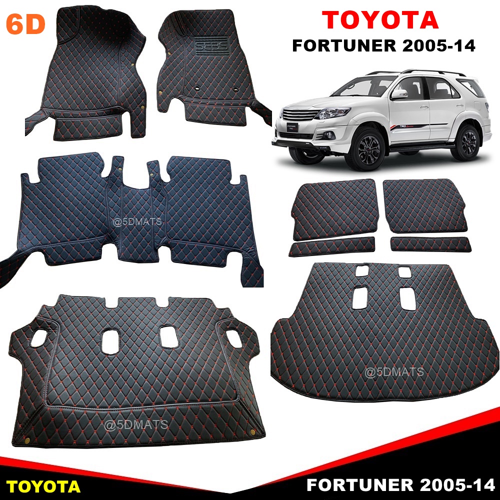 พรมปูพื้นรถยนต์ 6D TOYOTA FORTUNER ปี2005-14 พรม6D โตโยต้า ฟอร์จูนเนอร์ สีดำด้ายแดง เข้ารูป เต็มคัน