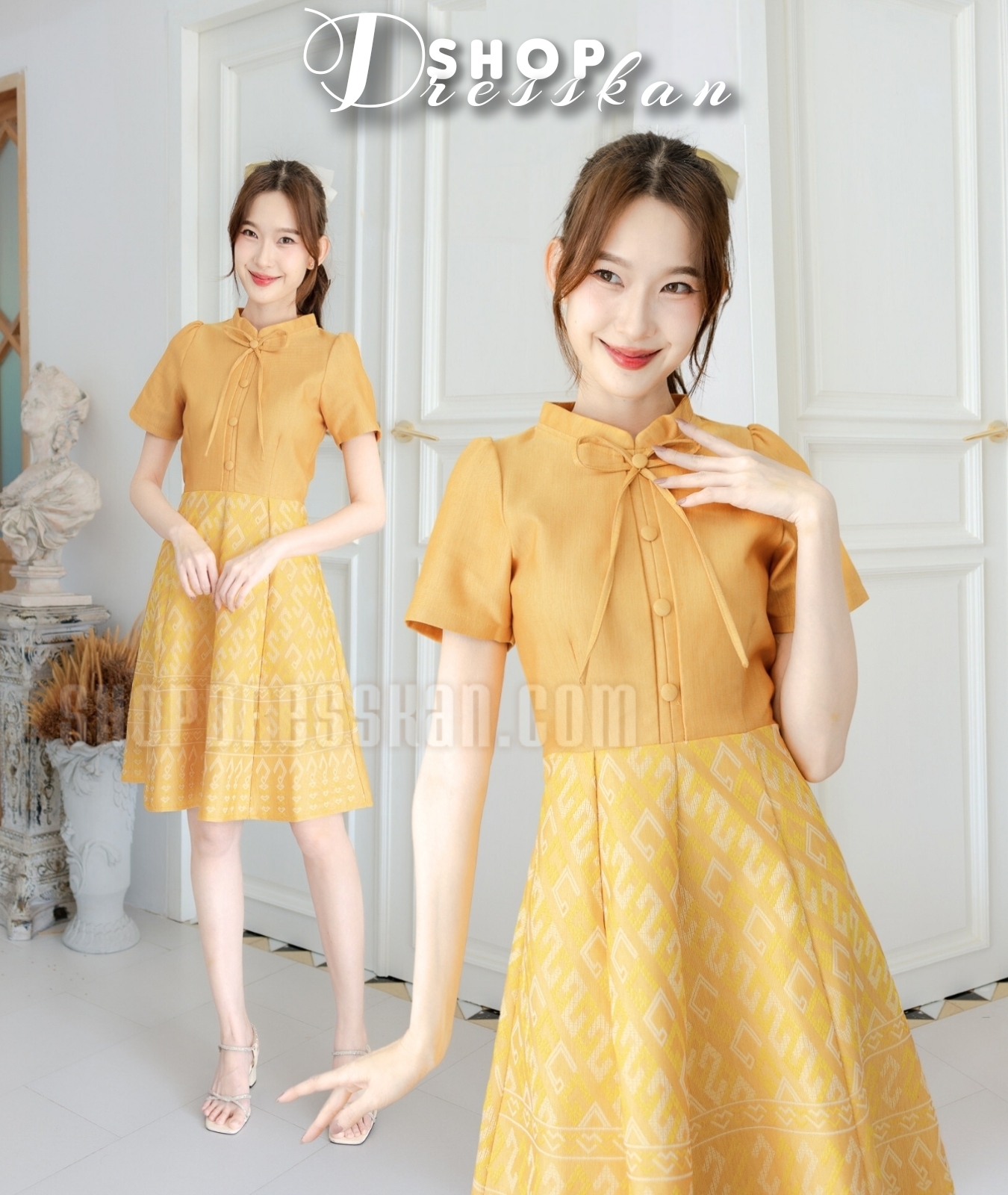 ❌หมดทุกไซส์ค่ะ❌ ⭐ชุดเดรสผ้าไทยงานป้ายคุณภาพ [ S-M-L-XL-2XL] : ชุดเดรสผ้าลายไทย ตัวเสื้อสีพื้นทรงคอจีนผูกโบว์แต่งกระดุม ตัดต่อกระโปรงลายไทยขอ ทรงบานสวย ซิปซ่อนหลัง ใส่ทำงาน ใส่ออกงานสวยๆ