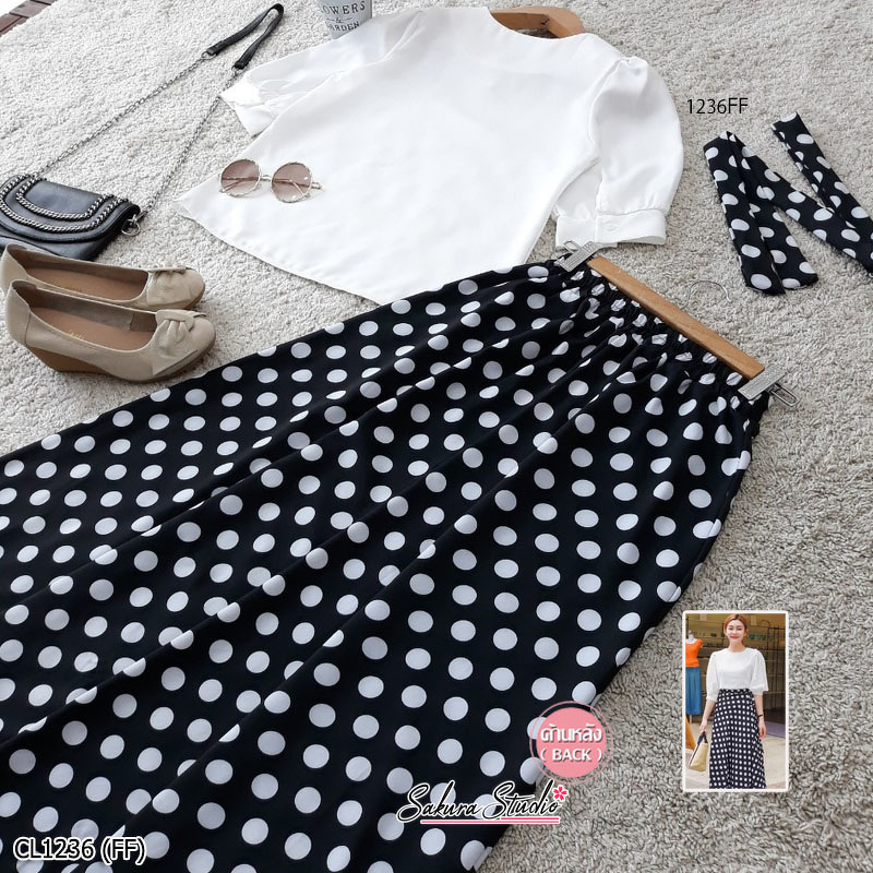 set 2 ชิ้น เสื้อแขนตุ๊กตากับกระโปรงลายจุด พร้อมเชือกผูกเอว