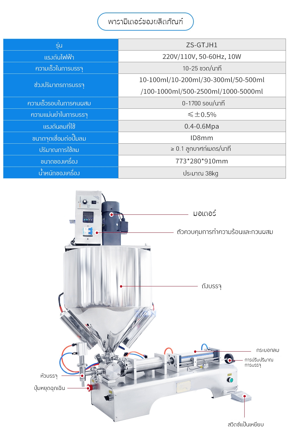เครื่องบรรจุของเหลวพร้อมระบบกวนและทำความร้อนในตัว รุ่น ZS-GTJH1