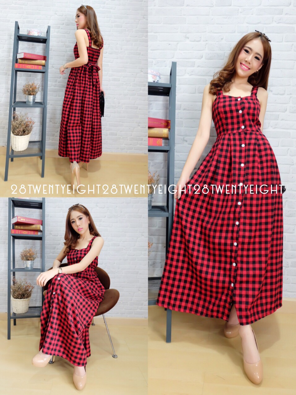 เดรสลายสก๊อต ทรงยาวติดกระดุมเรียงด้านหน้าสม็อคหลัง