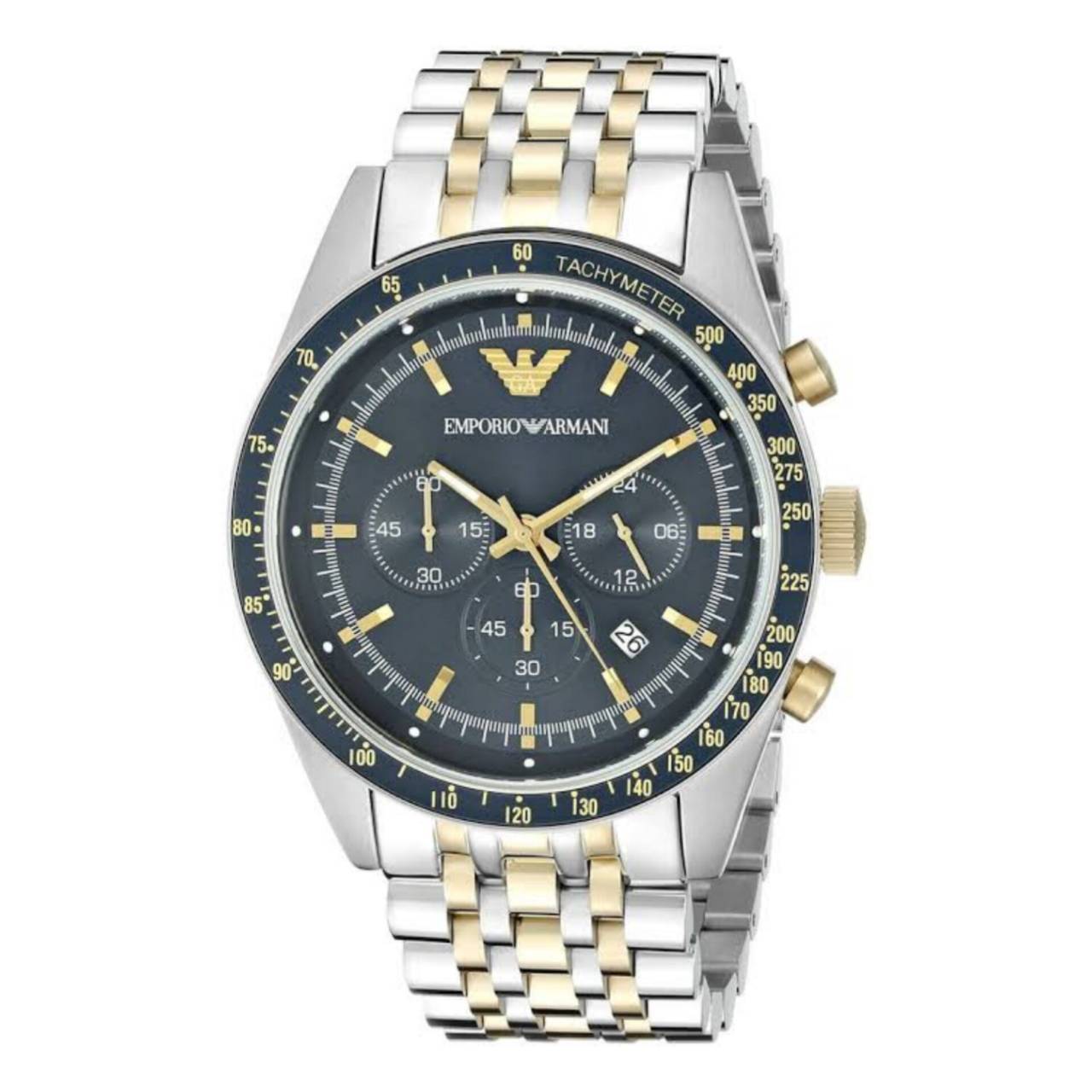 นาฬิกา Emporio Armani Navy Blue Dial Chronograph Two Tone Stainless Steel Men's Watch AR6088 Size 46 mm