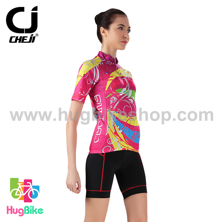 ชุดจักรยานผู้หญิงแขนสั้นขาสั้น CheJi 15 (06) สีชมพูลายเหลือง