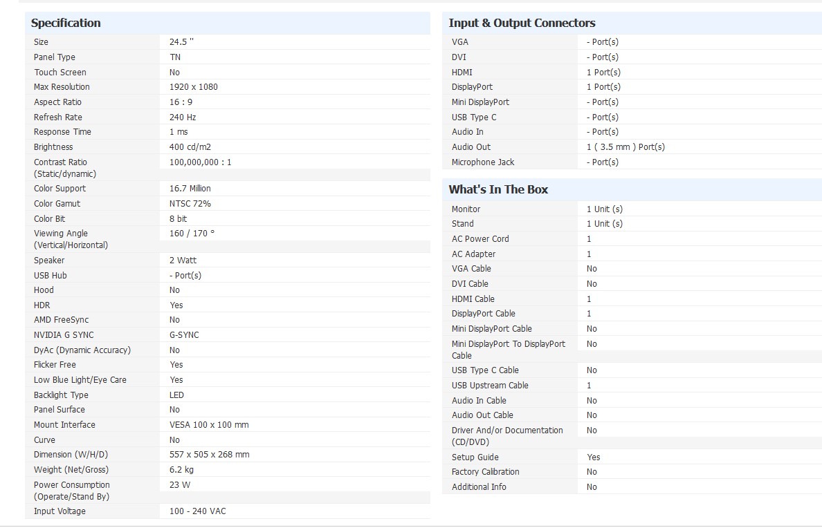 (* มือ 2 240Hz ) ACER มอนิเตอร์ (24.5 นิ้ว) รุ่น PREDATOR XB252Q