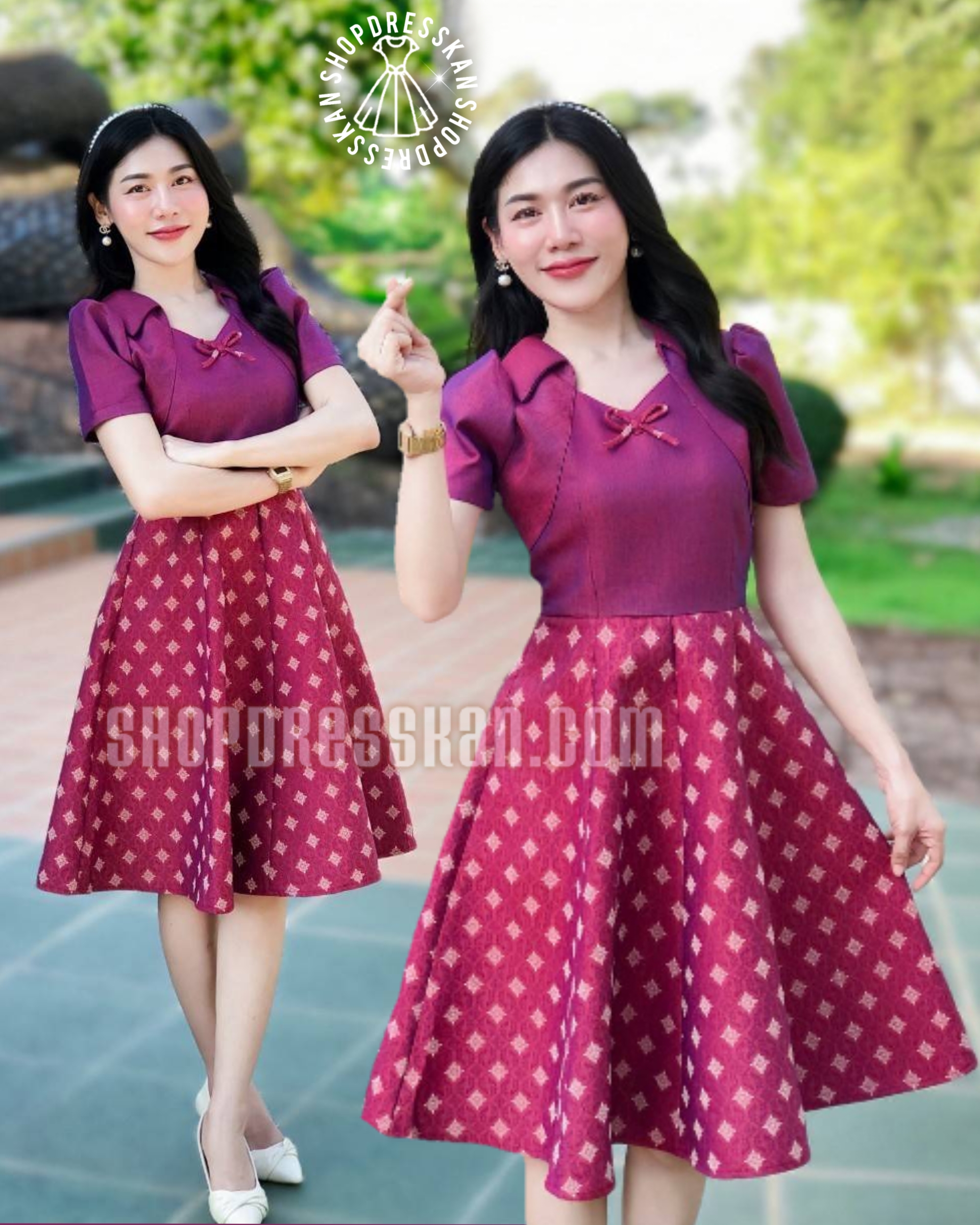 ✔️พร้อมส่ง : [ S-M-L-XL-2XL] :: ชุดเดรสผ้ามัดหมี่ทอลายไทย คอวีแต่งปกย้วย แต่งโบว์อก กระโปรงทรงบาน8ชิ้นสวยงาม ซิปซ่อนหลัง งานอัดกาวทั้งชุด ใส่ทำงาน ใส่ออกงานสวยๆ