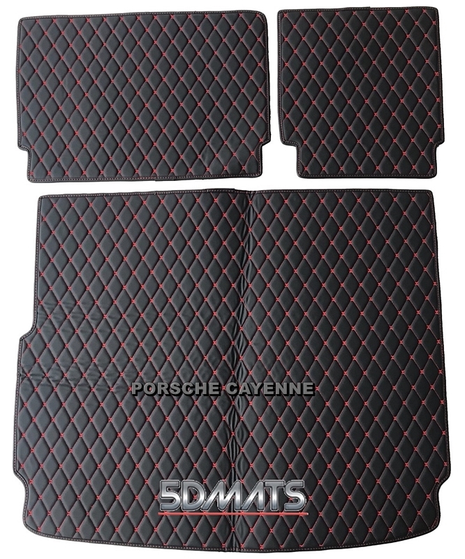 พรมปูพื้นรถยนต์ 6D หนาพิเศษ PORSCHE CAYENNE หนังสีดำด้ายแดง+แผ่นท้าย +ปิดเบาะ 6ชิ้น เต็มคัน