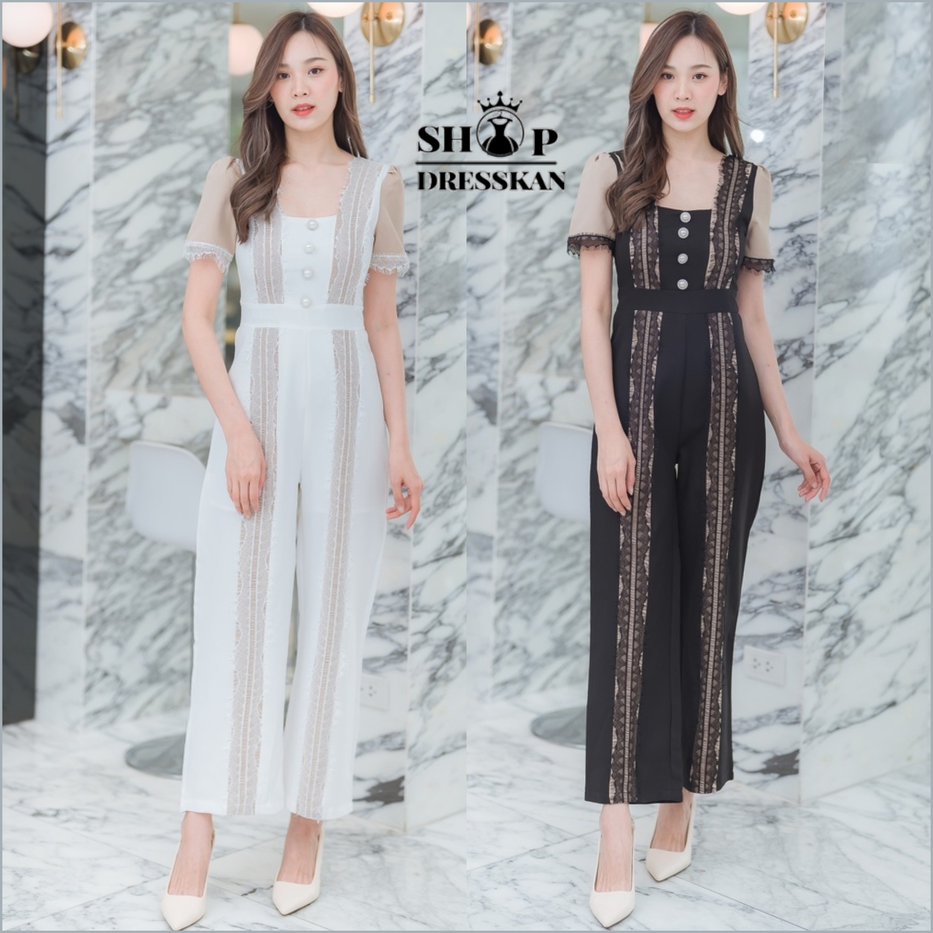 จั้มสูทงานคุณภาพ⭐พร้อมส่ง [S-M-L-XL] : จั้มสูทยาวผ้าสีพื้น แต่งแถบลูกไม้และกระดุมอก กางเกงทรงขายาวไม่รั้งเป้า ซิปซ่อนหลัง ผ้าเนื้อดีสวมใส่สบาย ตัวเดียวสวยจบ ใส่สวยได้หลายโอกาส