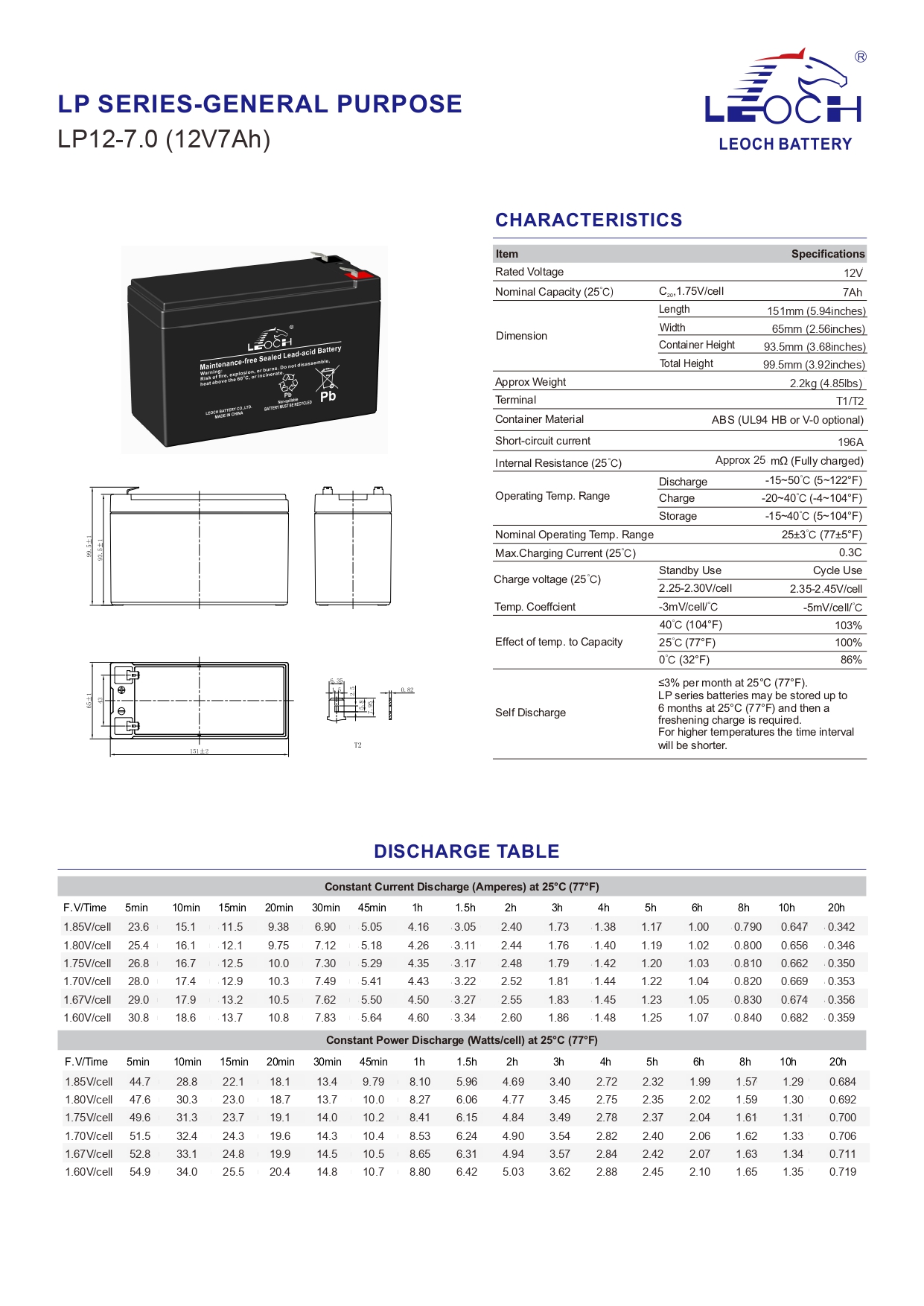 Leoch Battery LP12-7.0 (12V7.0AH) แบตเตอรี่แห้ง VRLA (แบตแห้ง)
