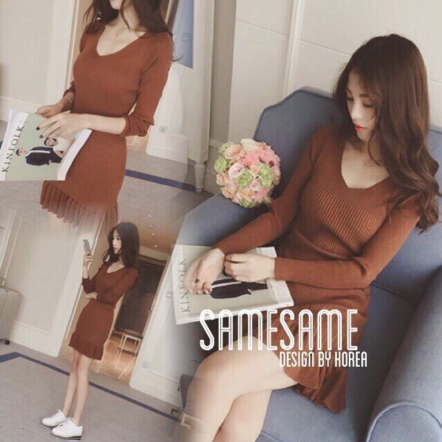 เดรสไหมพรม ผ้าทอ แขนยาว