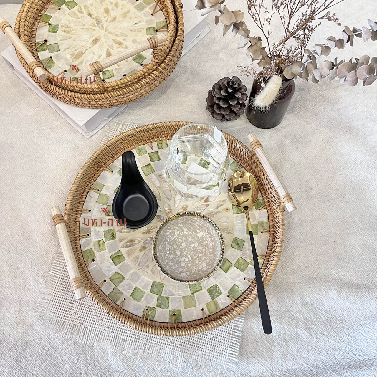 ถาดหวายแต่งโมเสก ถาดใส่อาหาร พร็อพถ่ายรูป Rattanly Mosaic Tray⭐