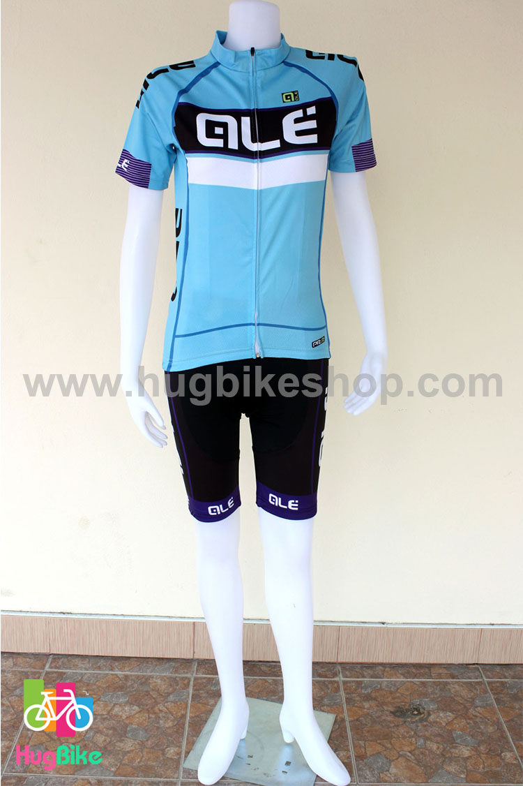 ชุดจักรยานผู้หญิงแขนสั้นขาสั้น ALE 16 (10) สีฟ้าดำขาวลายม่วงหลังขาว