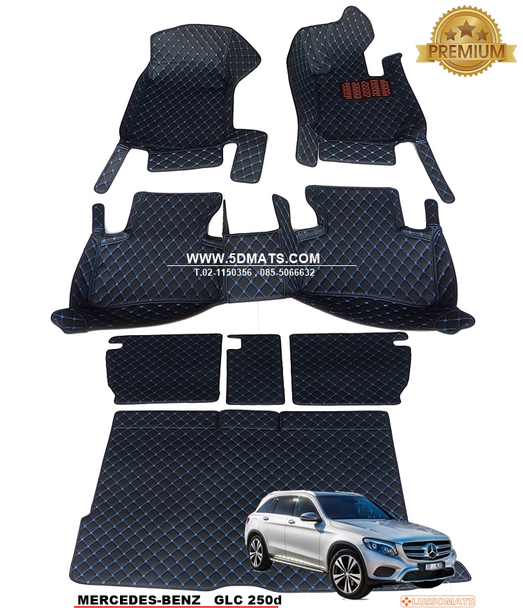 พรมปูพื้นรถยนต์6D BENZ GLC 250d W253 ปี2015-23 พรม6D สีดำด้ายฟ้า เต็มคัน 7ชิ้น +ชุดแผ่นปูท้ายรถ