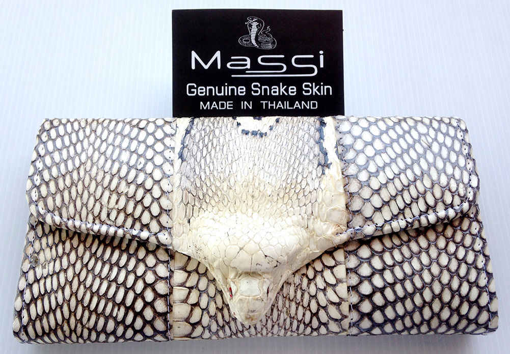 กระเป๋าสตางค์หนังงูเห่า สีธรรมชาติ 3พับยาว หัวงูเห่า