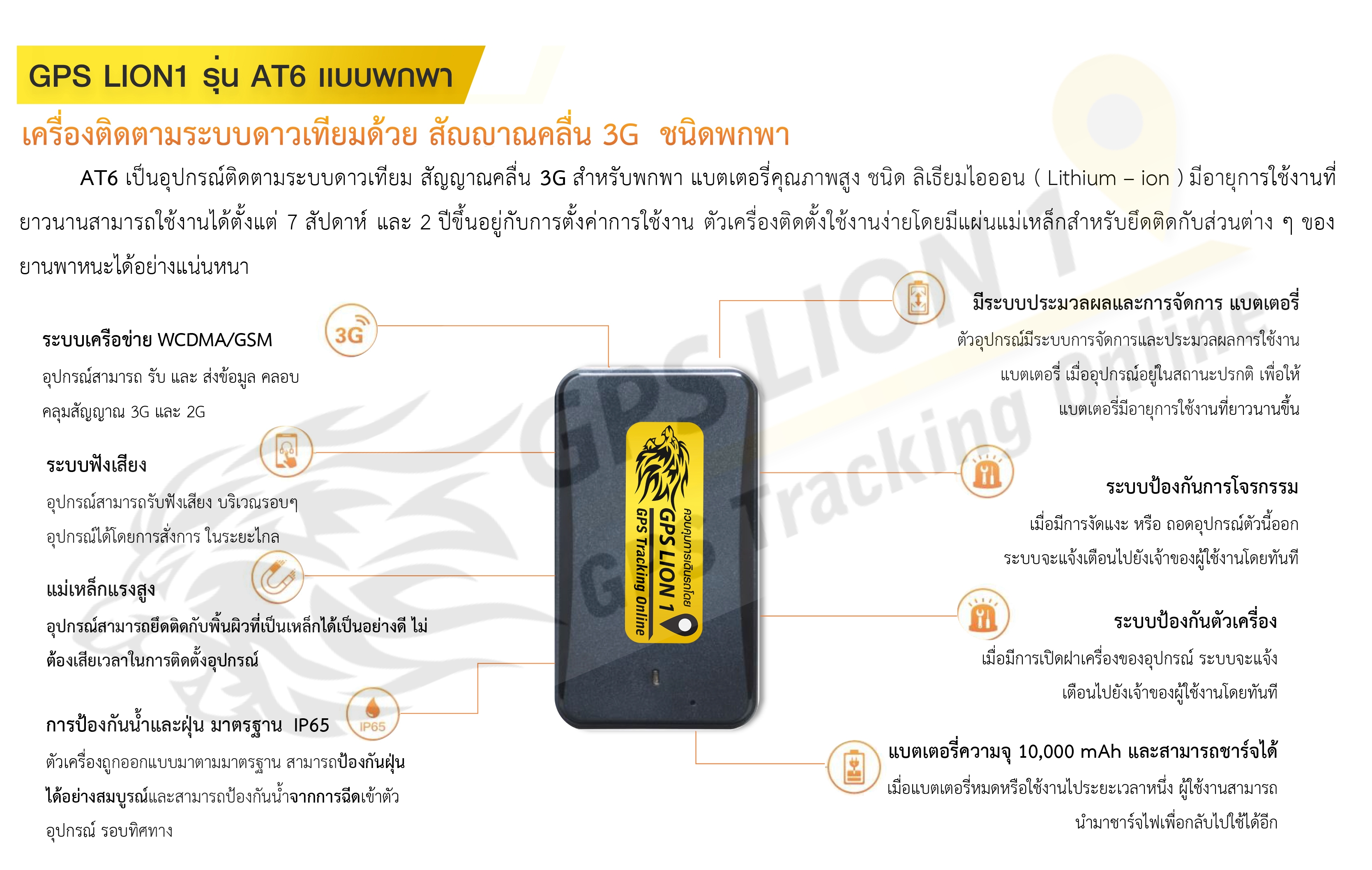 GPS LION1 รุ่น AT6 (3G) เครื่องติดตามชนิดแบบพกพา ดูออนไลน์เรียว์ไทม์ 24ชม.