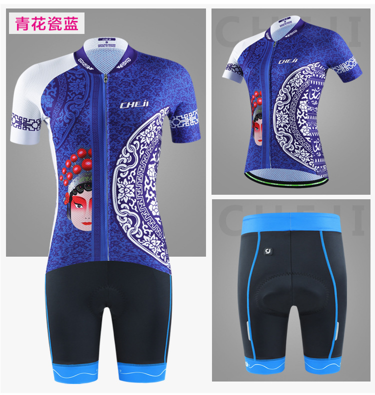 ชุดจักรยานผู้หญิงแขนสั้นขาสั้น CheJi 16 (15) สีน้ำเงินขาว The Wind Classical China