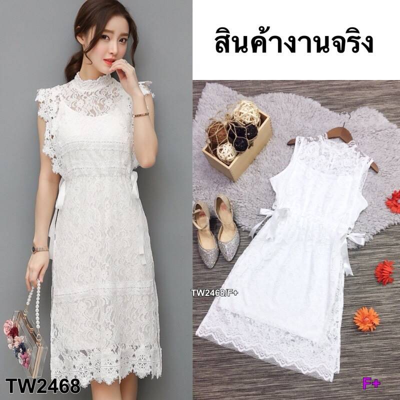 เดรสแซคลูกไม้ เอวรูดผูกโบว์