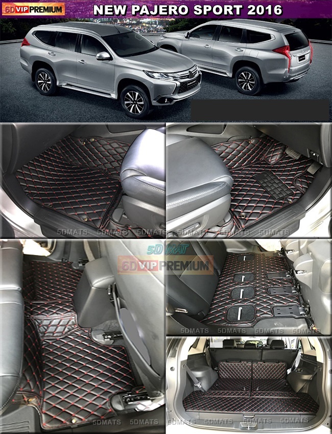 พรมปูพื้นรถยนต์6D หนาพิเศษ PAJERO SPORT (ปี2016-20) สีดำด้ายแดง 9ชิ้น เต็มคัน