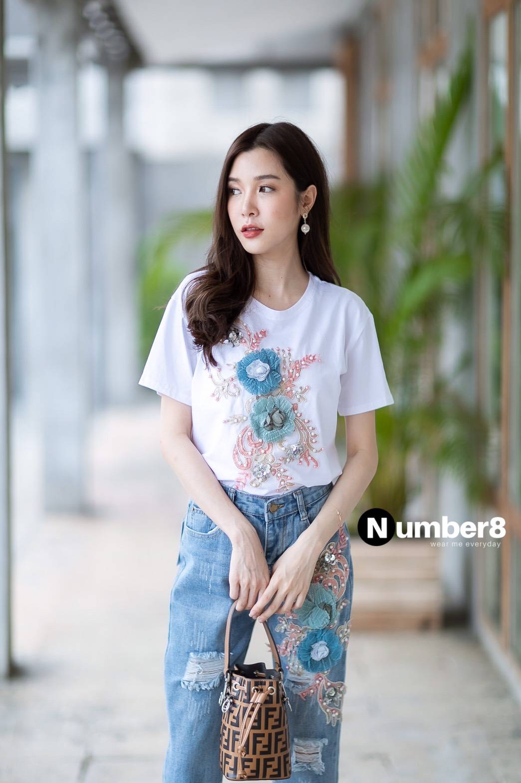 set เสื้อกับกางเกง ปักลายดอกไม้