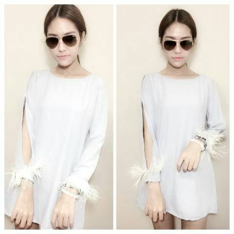 เดรสผ่าแขนแต่งขนนก