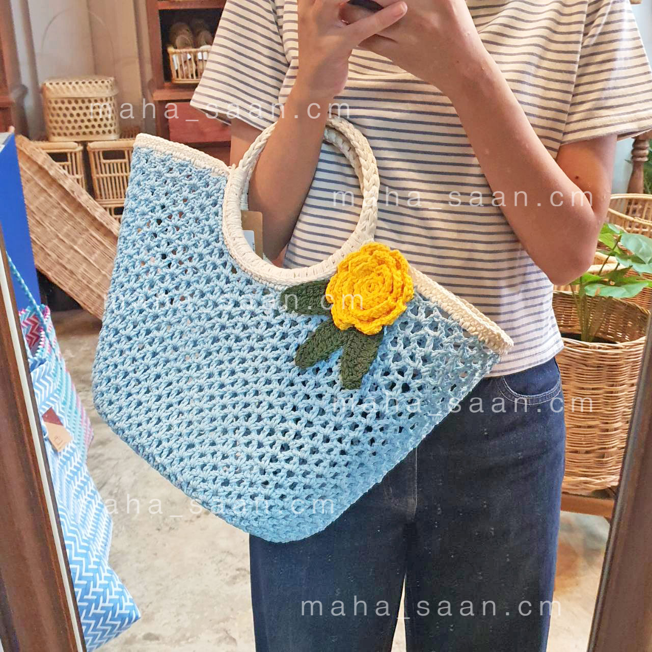 กระเป๋าถักเชือกฟอก สีพื้น คล้องแขน สไตล์มินิมอล พร้อมส่ง 🌸 Crochet Sunflower Bag